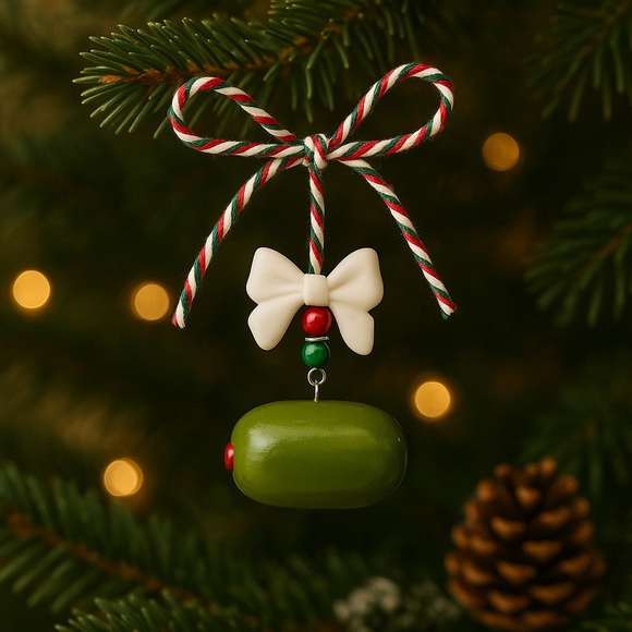 Christmas Olive Ornament – Handmade Polymer Clay Olive with Bow | Funny Holiday - Picture 1 of 9